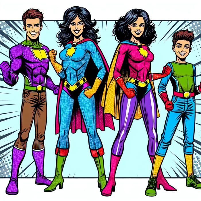 Superhero Family of Four - Colorful Comic Book Artwork