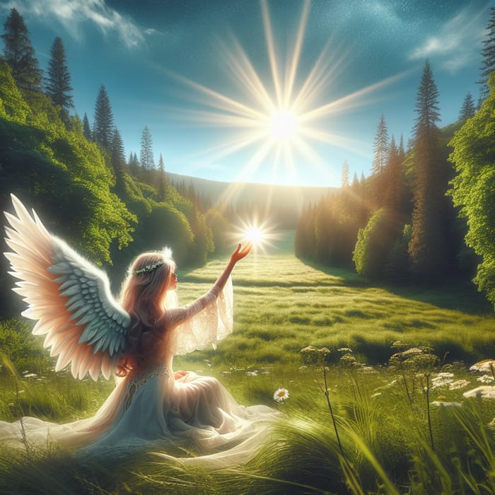 Angel in Green Forest Reaching Out to Sun