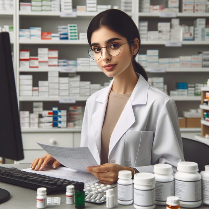 Professional Pharmacy Girl Assisting Customers Professional Pharmacy Girl Assisting Customers