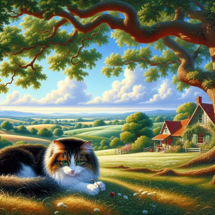 Tranquil Countryside Scene with Domestic Cat - Serene Afternoon