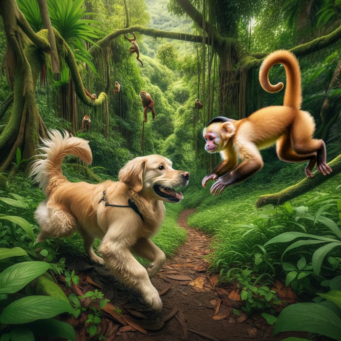Monkey and Dog Play - Endearing Friendship in Tropical Jungle