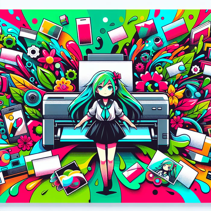 Vibrant Anime Poster with Printer and Typo Elements