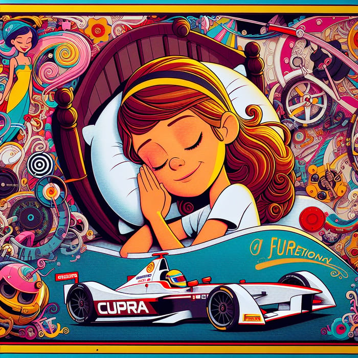 Whimsical Cartoon Poster: Young Girl's Dream of Racing Glory - CUPRA