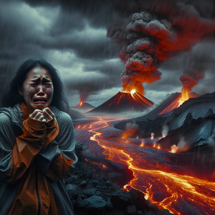 Distraught Woman in Volcanic Landscape: Emotional South Asian Scene