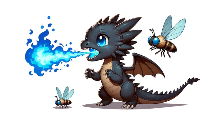 Dark Juvenile Dragon Spewing Blue Fire at Buzzing Fly