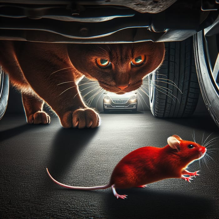 Brown Cat Catching Red Mouse Under Car - Stealthy Hunt
