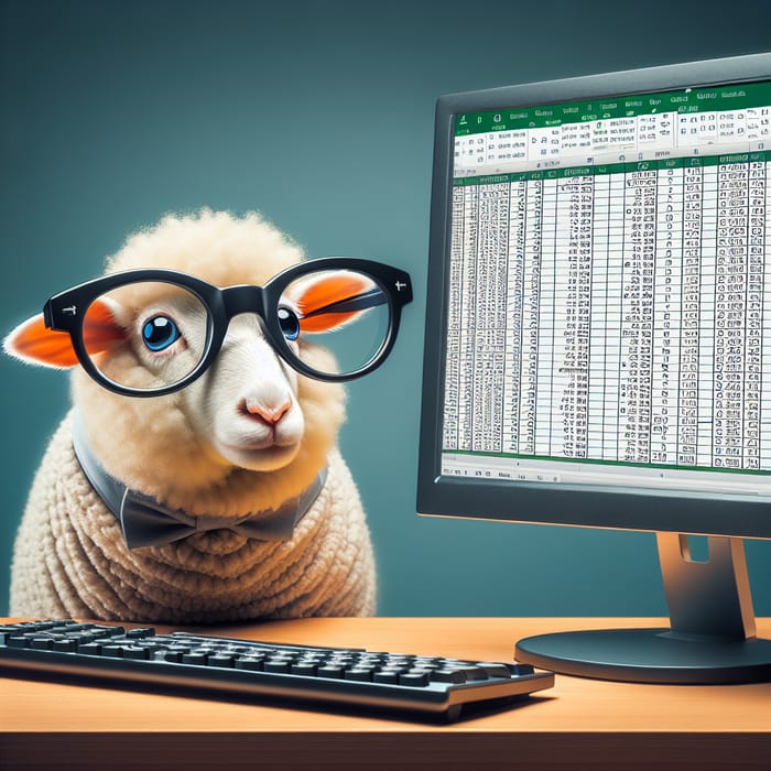 Nerdy Sheep Examining Intricate Excel Sheet | Computer Scene