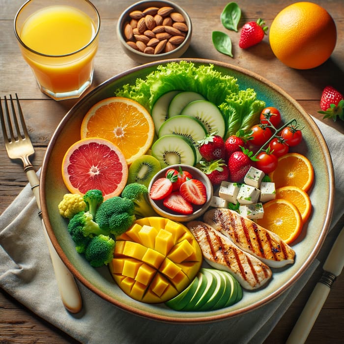 Healthy Food on Table with Fresh Fruits and Veggies