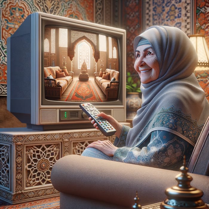 Middle-Eastern Grandmother Watching TV in Cozy Living Room