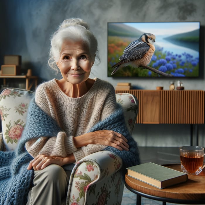 Wisdom and Comfort: Elderly Woman in Cozy Living Room with TV