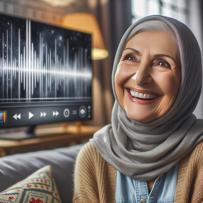 Hyper-Realistic Image of Joyful Middle Eastern Grandmother with Modern TV