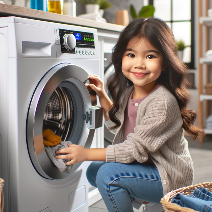 Confident South Asian Girl Operating State-of-the-Art Washing Machine
