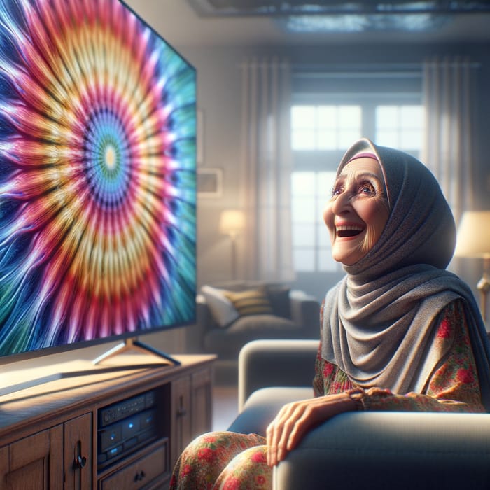 Hyper-Realistic Image of a Blissful Middle-Eastern Grandmother with a Modern TV