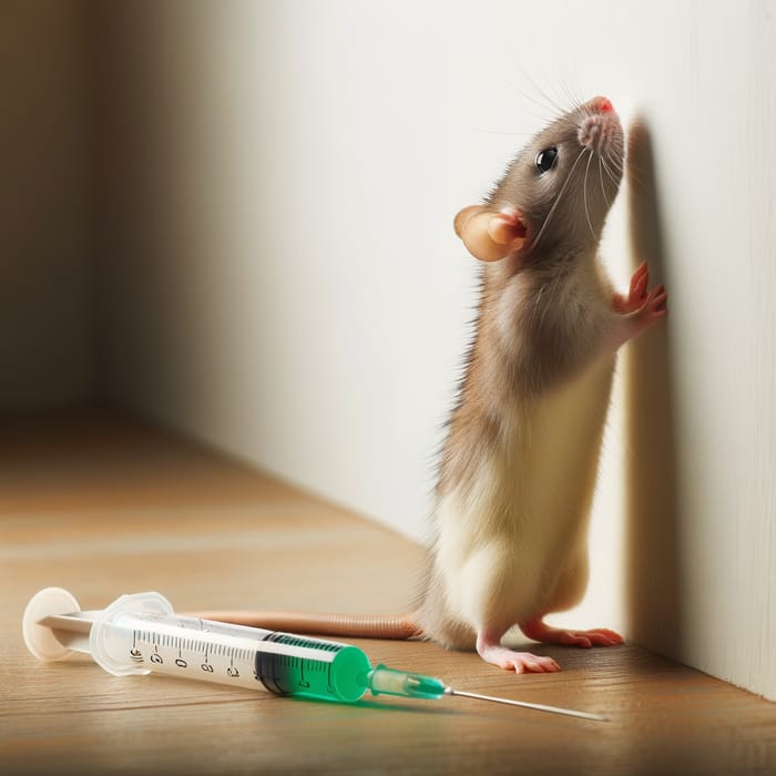 Rat Leaning Against Wall with Syringe - Full-Length View