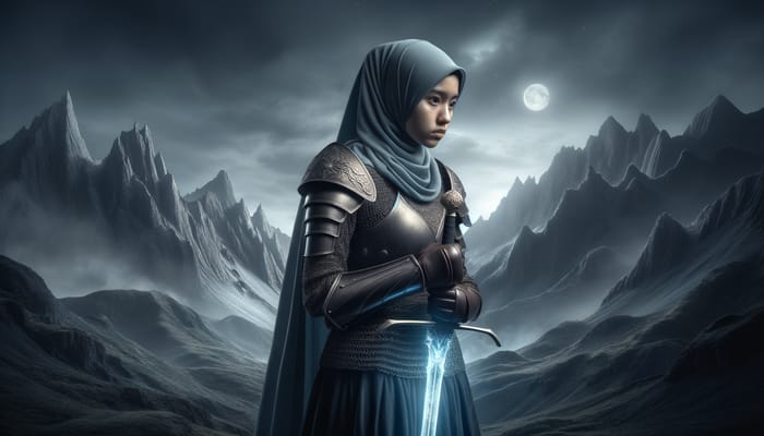 Brave Malay Teen Hijab Warrior with Glowing Blue Sword | Mountain Adventure