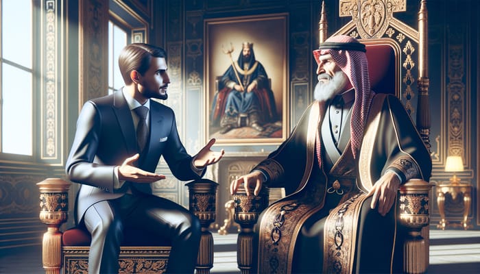 Distinguished Middle Eastern Man Engages with King in Royale Setting