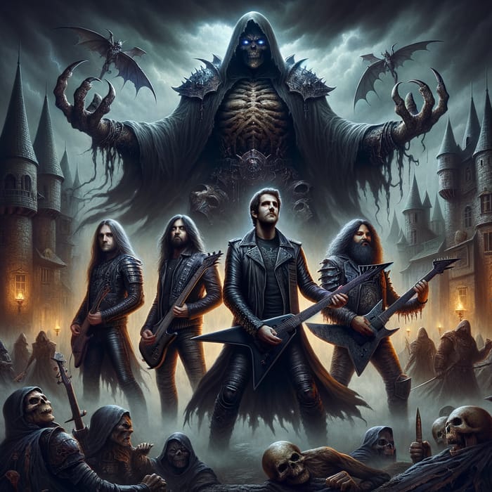 Epic Medieval Fantasy Album Cover with Metal Musicians & Giant Villain