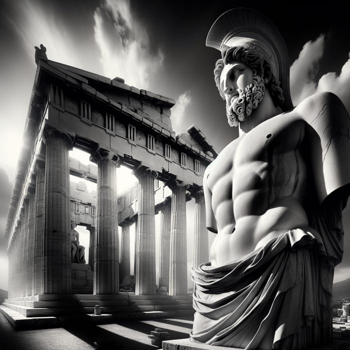 Majestic Greek God Statue in Black and White - Awe-Inspiring Beauty and Power