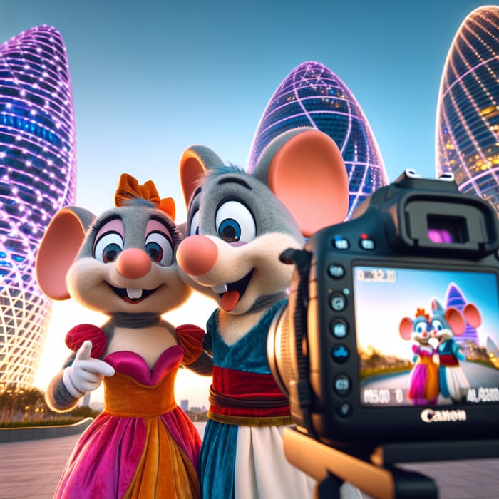 Animated Mickey and Minnie Mouse Near Flame Towers in Baku