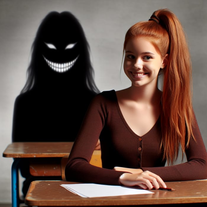 Caucasian Girl with Red Ponytail at School Desk | Enigmatic Smile