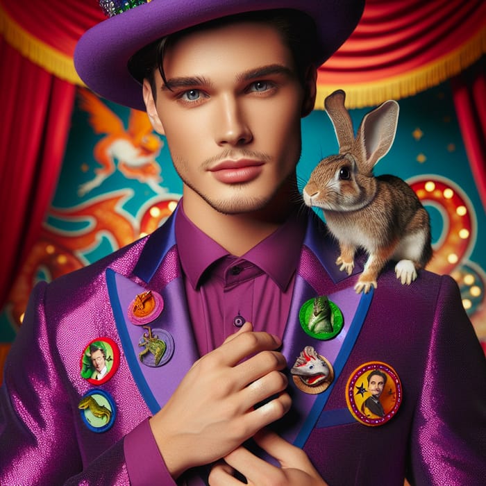 Clean-Shaven Magician in Vibrant Purple Suit with Lizard and Rabbit