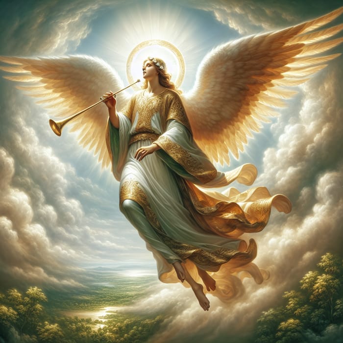 Divine Angel with Radiant Halo and Golden Trumpet