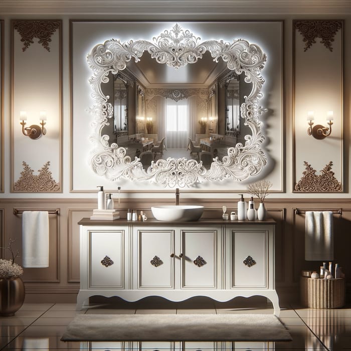 White & Brown Bathroom Vanity with Decorative Mirror