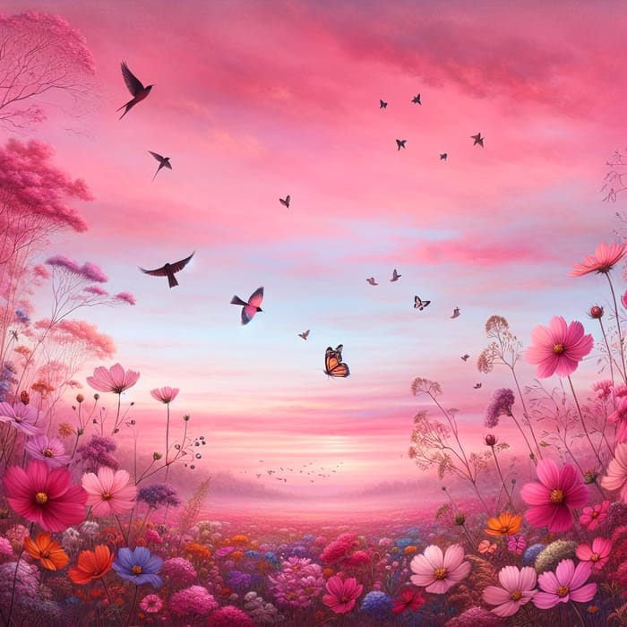 Serene Pink Sky Landscape with Blooming Flowers and Graceful Birds