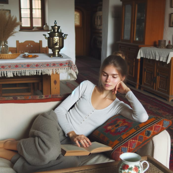 Russian Woman in Simple Attire Relaxing at Home