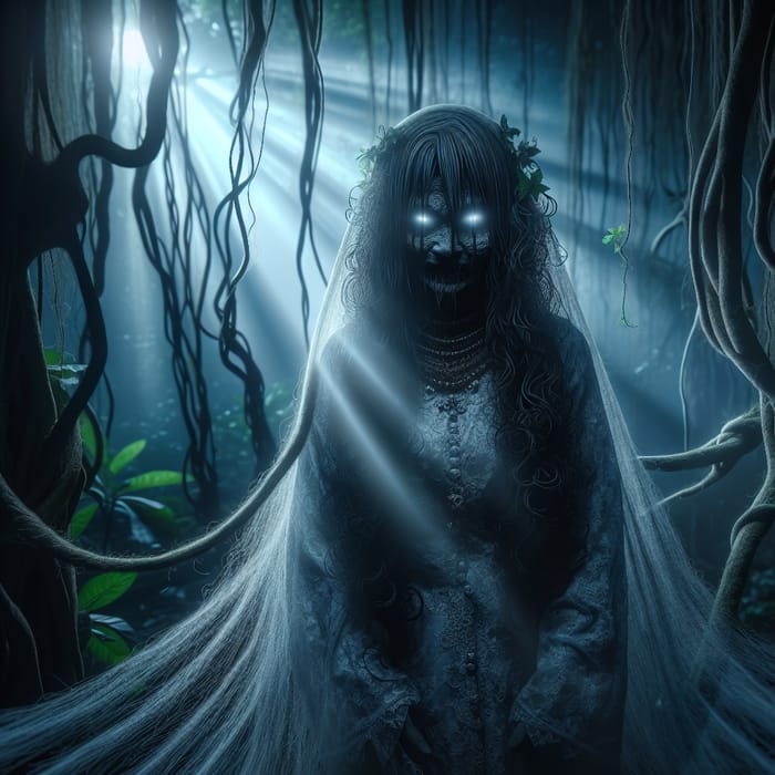 Ethereal Malay Female Ghost Spirit in Enigmatic Moonlit Forest