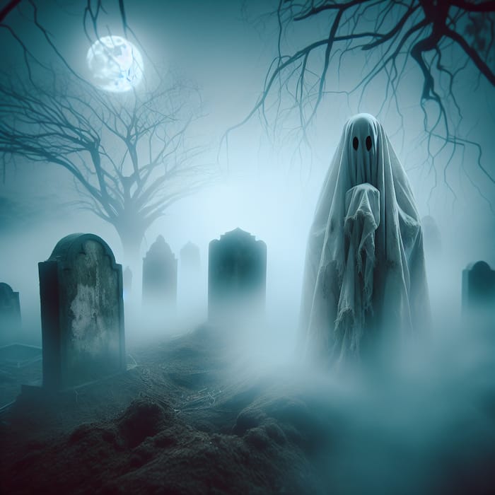Ethereal Pocong Ghost Image in Moonlit Graveyard | Haunting Art