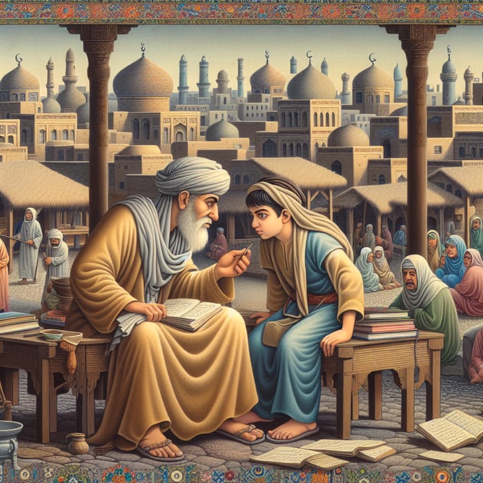 Ill Man Conversing with Young Boy in Ancient Islamic City