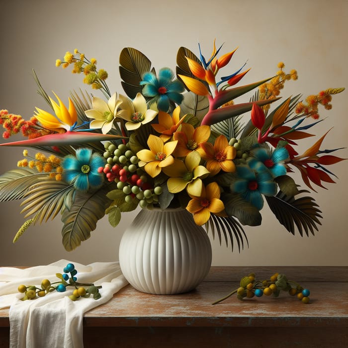Colorful Tropical Flowers in Elegant White Vase