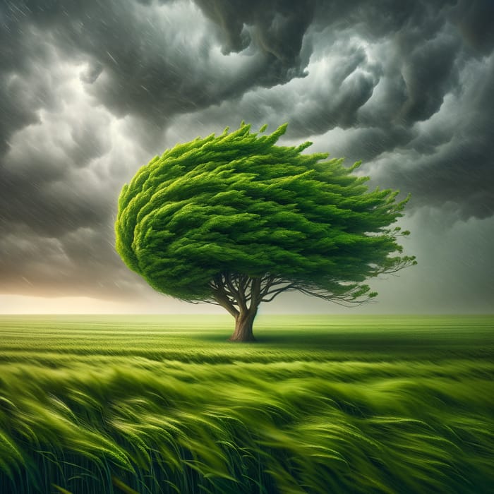 Sturdy Green Tree Embracing Stormy Weather