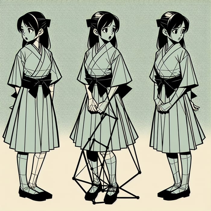 Surprised Girl in Geometric Japanese Pose | Flat Illustration