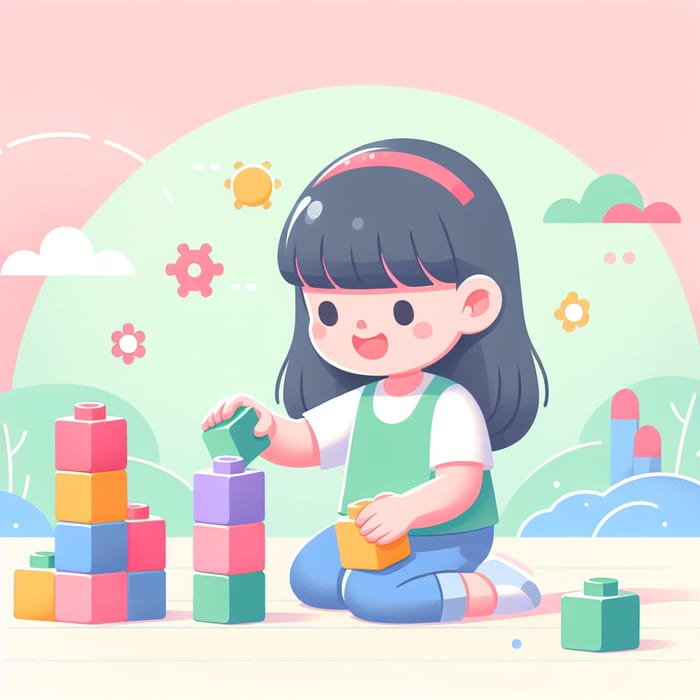 Young Girl Playing with Colorful Blocks - Children's Book Illustration
