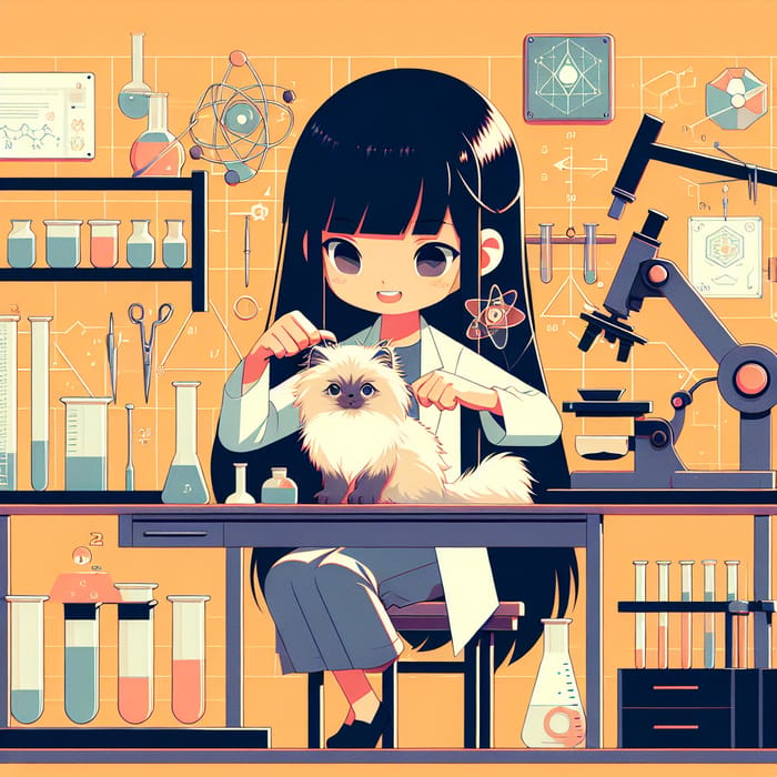 Playful Geometric Figures with Girl and Cat in Laboratory