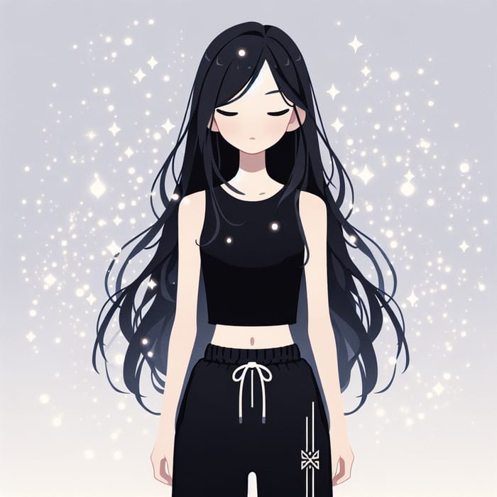 Flat Geometric Style Illustration of Japanese Girl with Black Hair