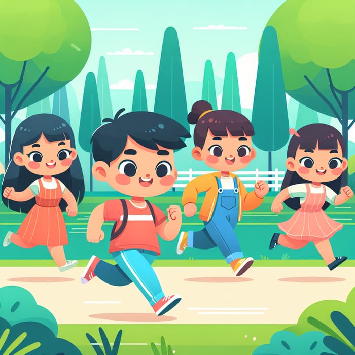 Cute Running Girl Characters: Geometric Flat Illustrations in Park
