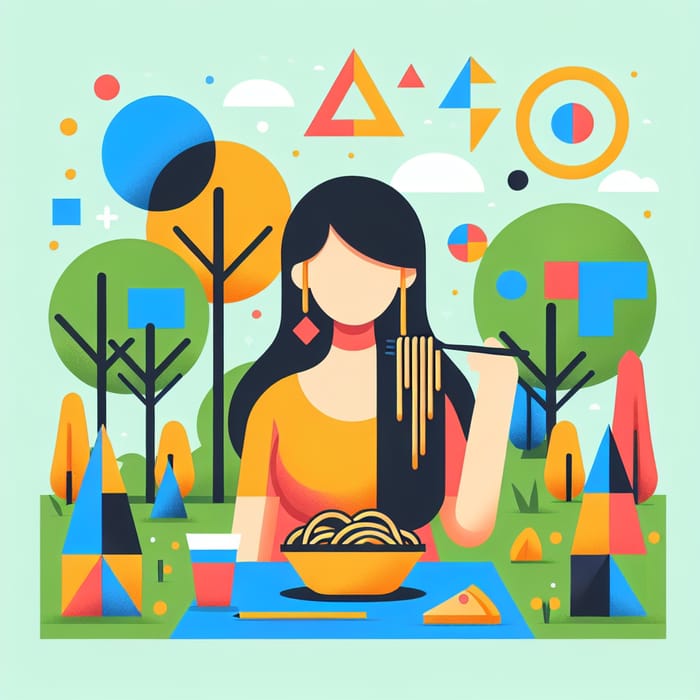 Vibrant Flat Illustration of Girl with Geometric Figures Enjoying Pasta