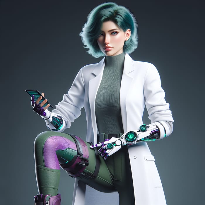 Female Scientist with Teal Hair in High-Tech Lab Environment