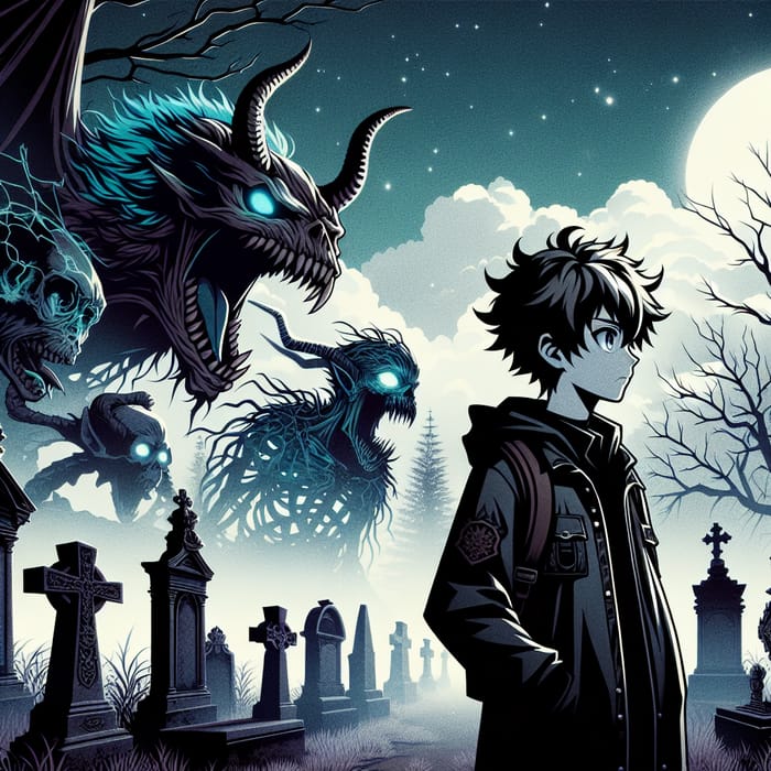 Anime Character Surrounded by Fantastical Creatures in Eerie Graveyard | Ghostly Moonlight