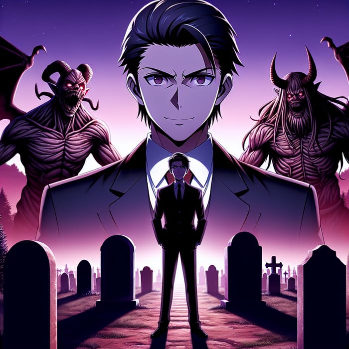 Anime Character in Graveyard Surrounded by Demons at Dusk