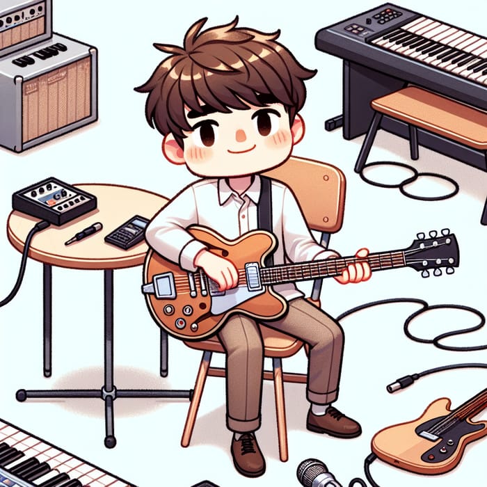 Cartoon Style Young Man Playing Electric Guitar with Brown Hair