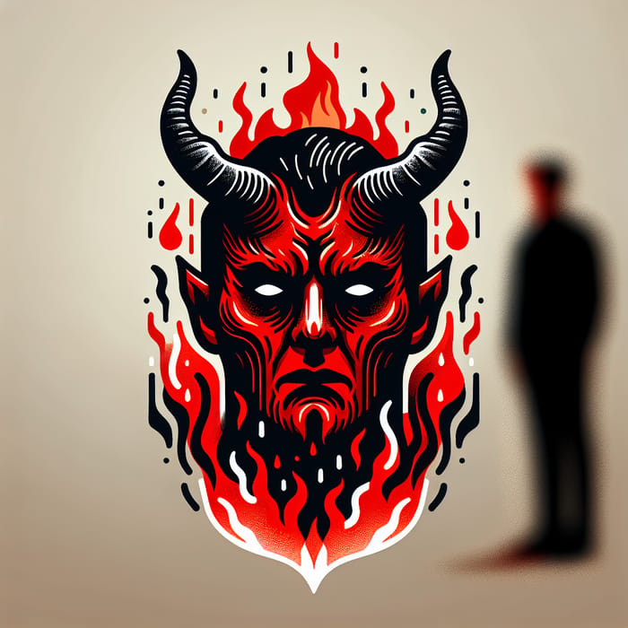 Red Demon Head with Black Horn - Fiery Darkness Background