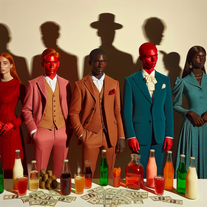 Colorful Figures Surrounded by Shadows, Money, Drinks, and Women
