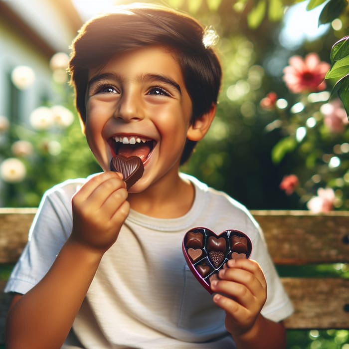 Young Hispanic Kid Eating Heart-Shaped Chocolates Outdoors