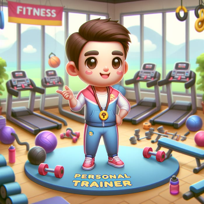 Friendly Cartoon Personal Trainer in a Gym