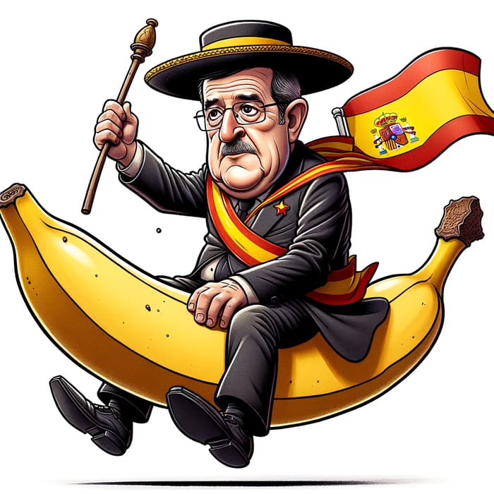 Spanish Politician Riding Banana in Cartoon Style