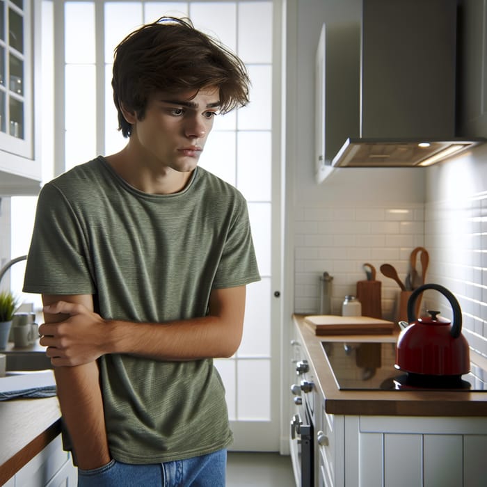Anxious Teenage Boy in Modern Kitchen | Tense Moment